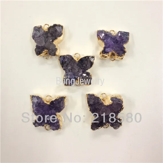 H-AMD34 Raw Druzy Amethysts Cluster Butterfly Pendant with Gold | Украшения и аксессуары