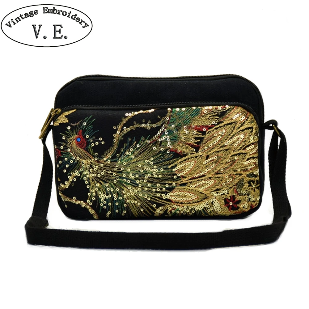 

Women Messenger Bags Peacock Embroidered Canvas Bag Ladies Small Totes Three Zipper Phone Coin Bags Travel Beach Shoulder Bag