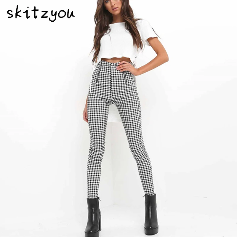 

skitzyou Women Autumn Winter Slim OL High Waist Harem Ankle Length Pants Black and White Plaid Casual Pencil Trousers Pantalones