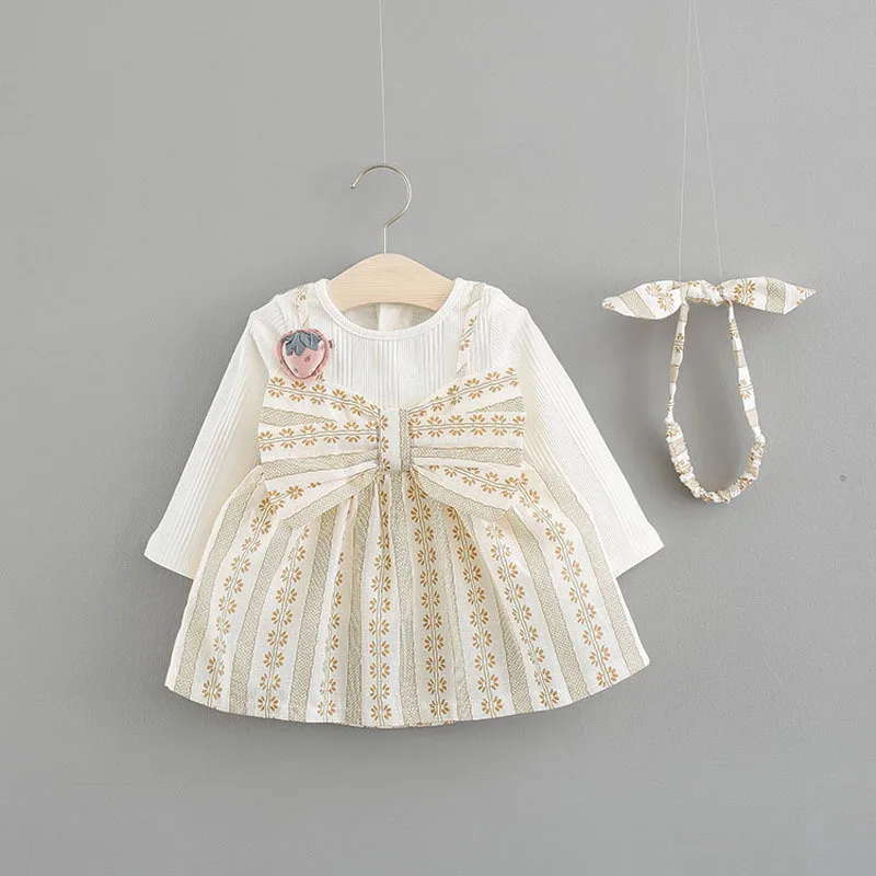 

2018 Autumn Baby Dress Cotton Long Sleeve Infant Dresses Princess Girls Bow Dress + Headband 2PCS Baby Clothes