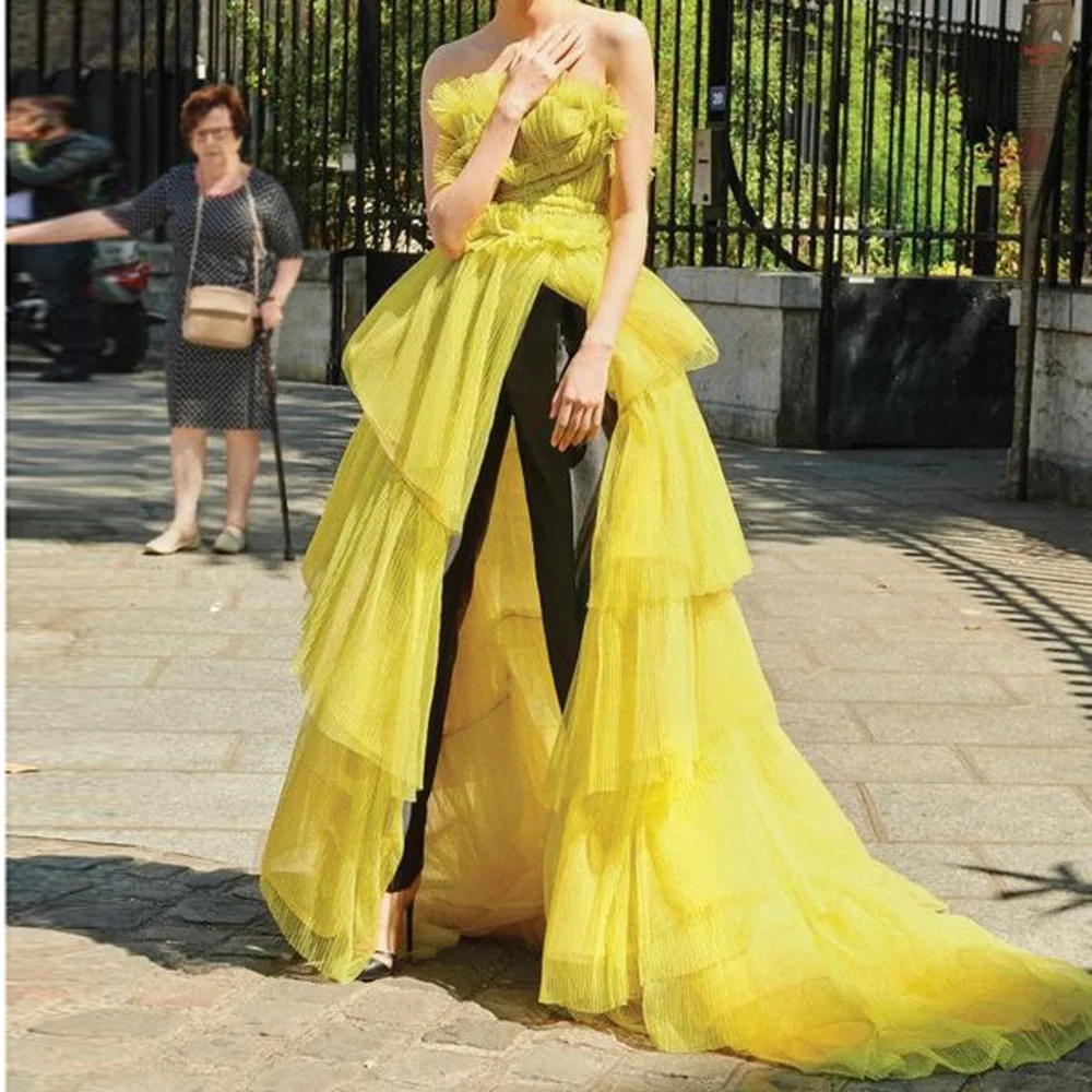Шикарная модная желтая юбка-пачка с оборками Длинные женские летние платья с открытыми плечами многоуровневые тюлевые вечерние размера плюс