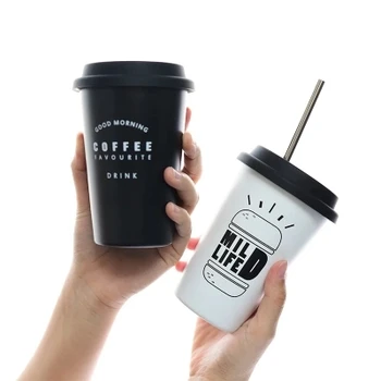 

New!! Stainless steel Hand Cup with hole cover coffee mug anti-drop juice cup with Straw water cups street shot couples cup