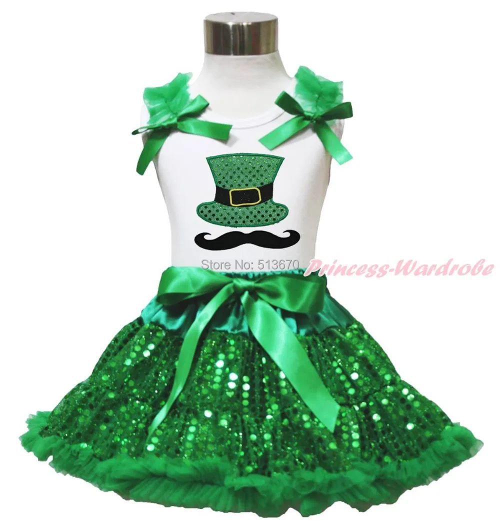 

St Patrick's Day Mustache Hat White Top Girl Green Sequin Pettiskirt Set 1-8Year MAPSA0443