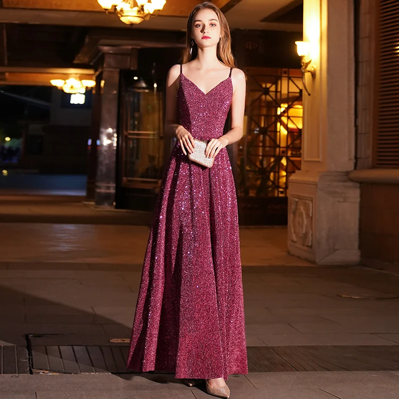 

2019 New Luxury Long Sequin Evening Dresses V Neck Floor Length Evening Gowns Sleeveless Prom Party Formal Dresses LYFY01
