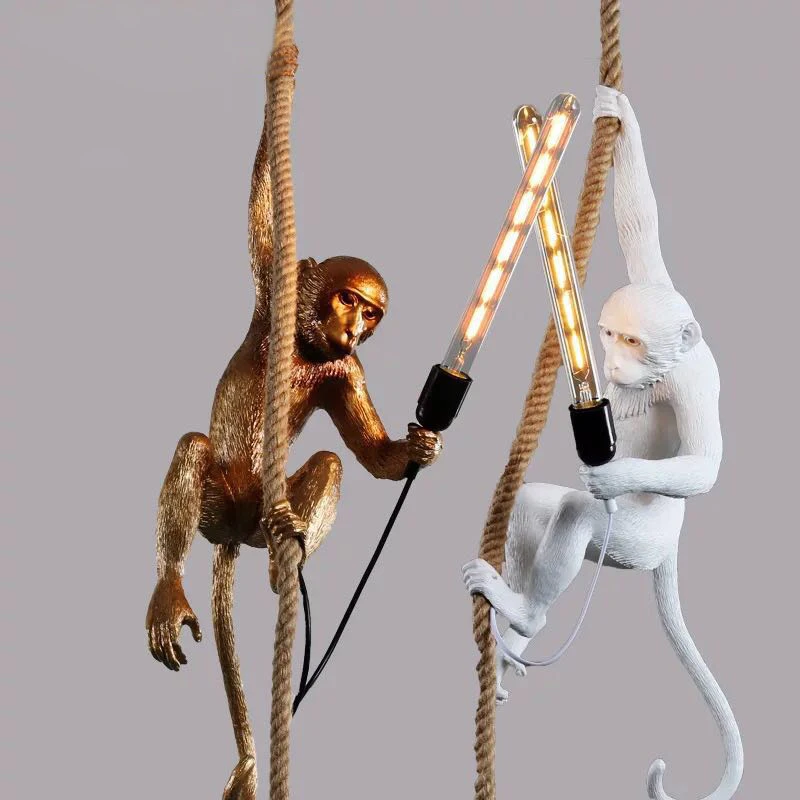 

Modern Pendant Lamps Resin Monkey Hemp Rope Pendant Light Industrial Wind Black Gold Pendant Lamps Home Decor Lighting PA0209