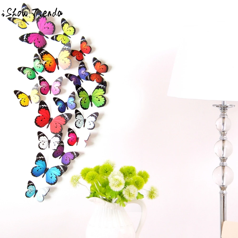 12 шт DIY наклейки на стену, Реалистичные 3D разноцветные бабочки на магните, магнит на холодильник, для детской комнаты, кухни, украшения для дома, Бесплатный клей