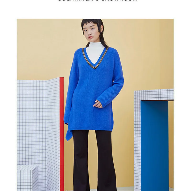 Autumn Winter Women Knitwear Fashion V-Neck Spliced Knitted Sweaters Womens Long Sleeve Pullover Tops | Женская одежда