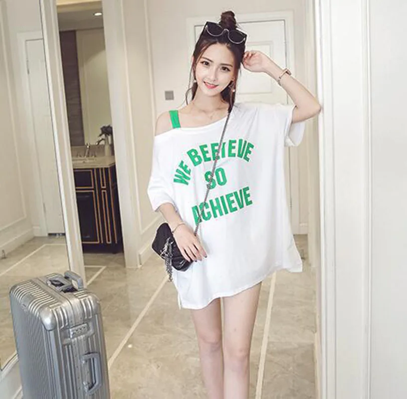 PAROLLADA Korean Summer Oversized One Shoulder Tee Tops Casual Cotton Letter Print T Shirt Short Sleeved Female Loose T-Shirts _ AliExpress Mobile