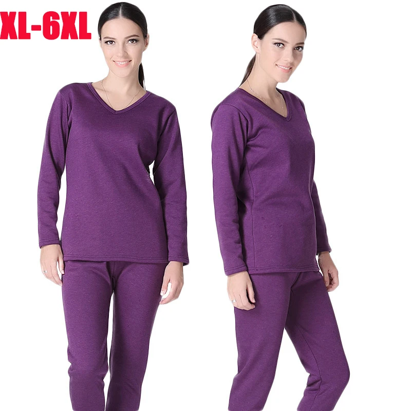 

Plus Size XL-6XL Winter Thermal Underwear suits Women long johns V collar shirt pants 2 pieces set Velvet Thick warm Pajamas