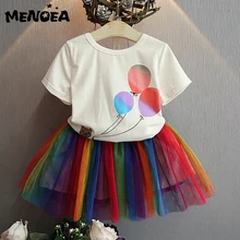 Одежда для девочек г. Брендовое платье для девочек белая футболка с принтом воздушных шаров+ Радужное платье детская одежда из 2 предметов платья принцессы