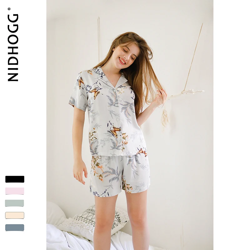 

Summer New Blue Butterfly Flower Printing Pajamas for Women Short-sleeved Two-piece Suit Turn-down Collar Shorts Satin Sleepwear