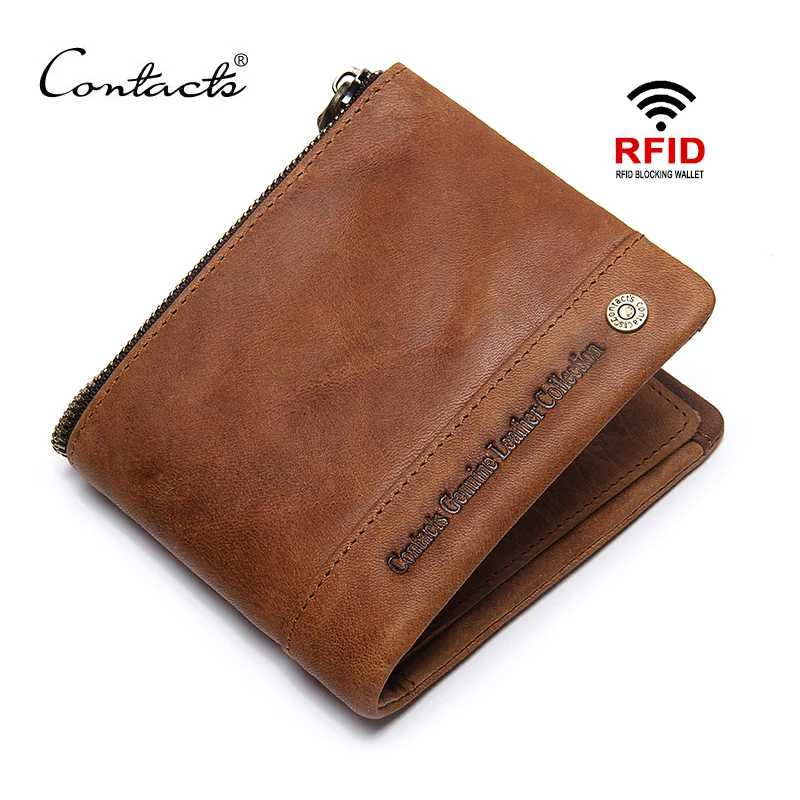 Carteira de Couro Bolsa de Dinheiro Titular do Cartão Contact- Masculino Rfid-bloqueio Bifold Genuíno Zíper Bolsas Vintage Marca Nova Carteira Curta s