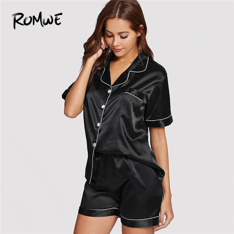 

ROMWE Black Contrast Binding Button-up Tops And Shorts Satin Pajama Set Women Summer Casual Short Sleeve Sleep Nightwear Suits