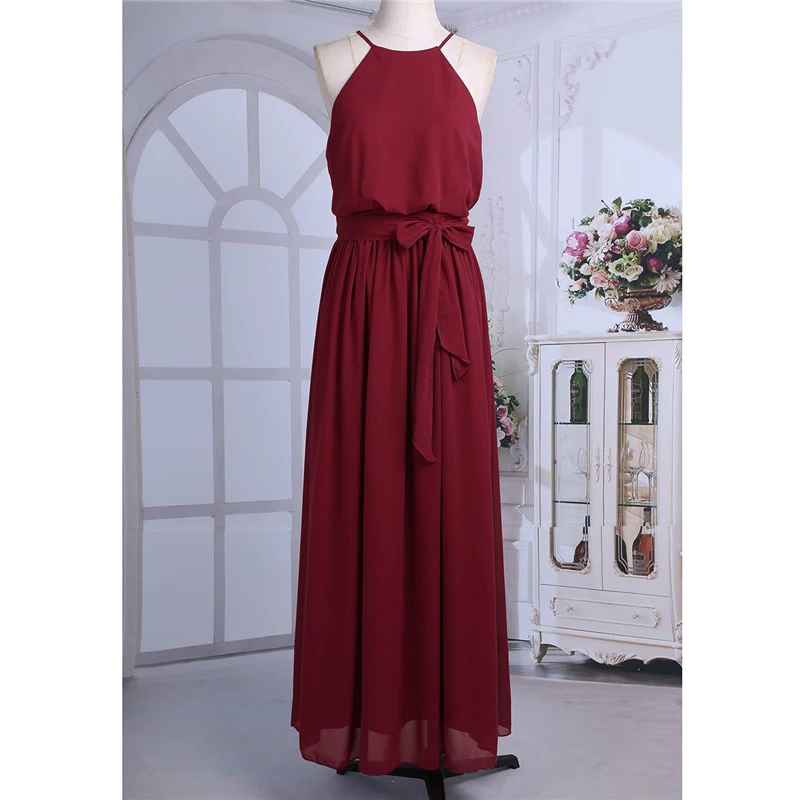 Vestido de Dama de Honra Festa de Casamento sem Mangas Vestido de Baile de Formatura Vestido de Comprimento Mulheres Senhoras Elegante Chiffon Longo Halter Completo 12 Vestidos de Madrinhas
