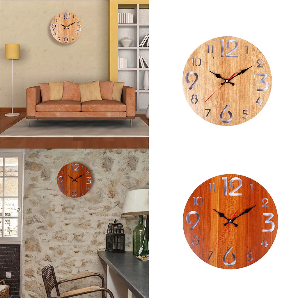 Винтажные круглые деревянные часы с коротким дизайном бесшумный домашний кафе офисный декор для стен Сделай Сам часы для картины на стену кухни большие 3D настенные часы