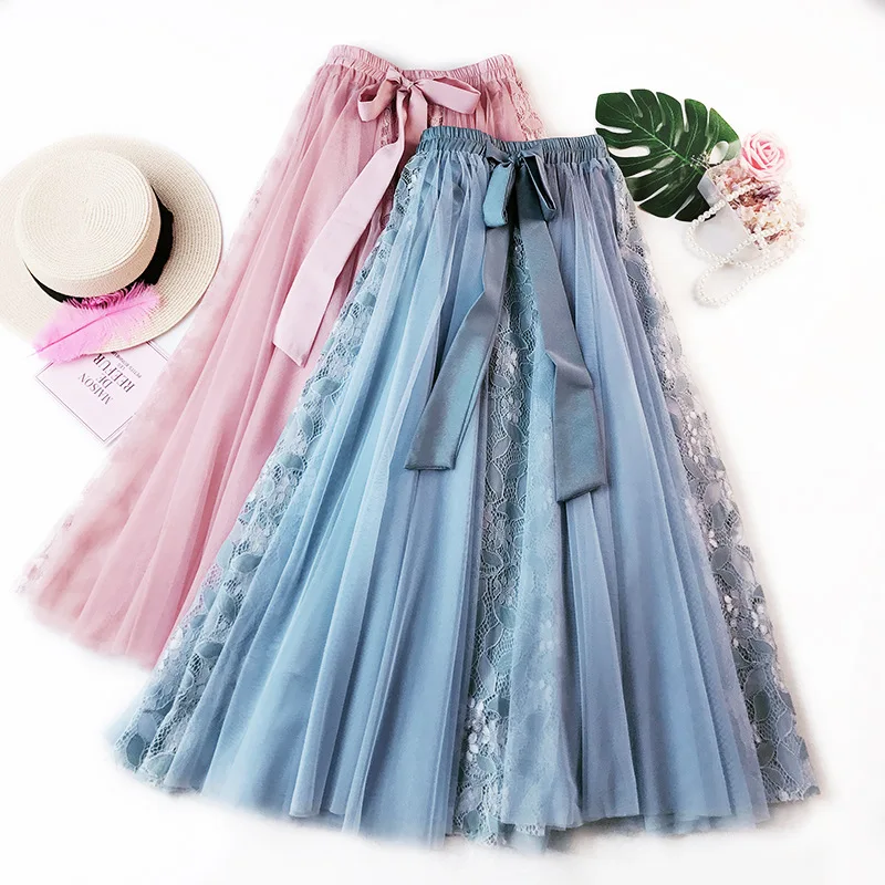 

2020 New Spring Mesh Skirts Korean Oversized Lace Long Women Skirt Elegant Bow Patchwork Hollow Out Ball Gown Pleated Skirts