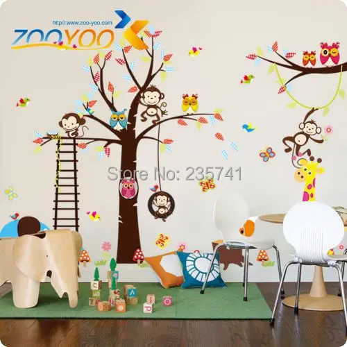 zooyoo original monkey tree animal owl tree wall stickers decal