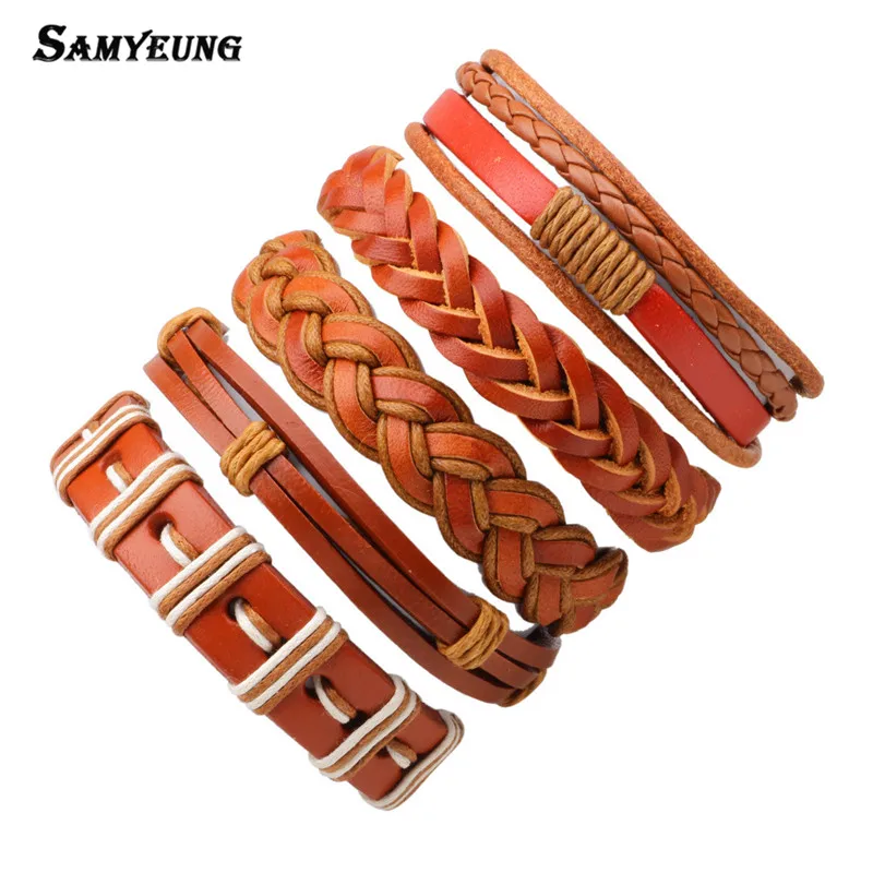 5 шт./лот Boho Jewels коричневые кожаные браслеты мужской браслет женский Braclet мужская