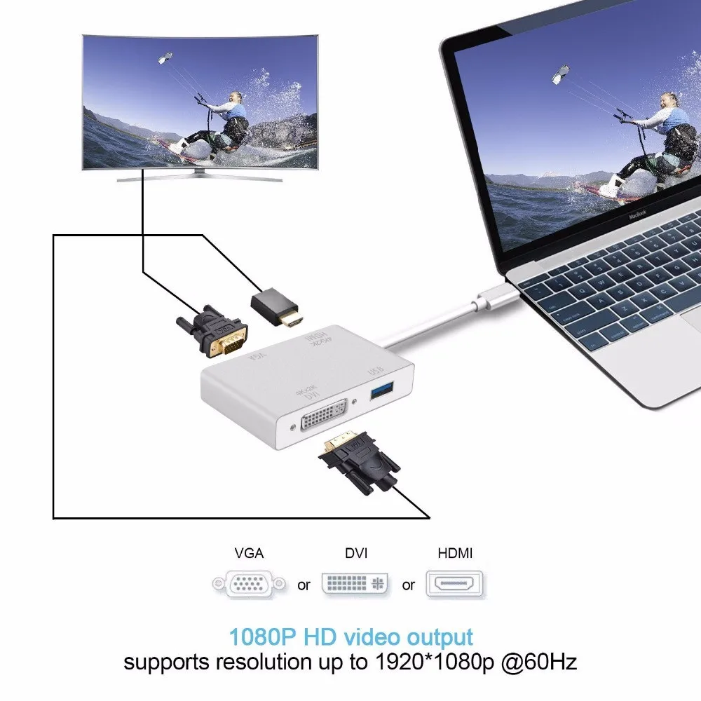 4 в 1 USB 3,1 USB C type C к HDMI VGA DVI USB 3,0 для VGA кабель USB C хаб-конвертер