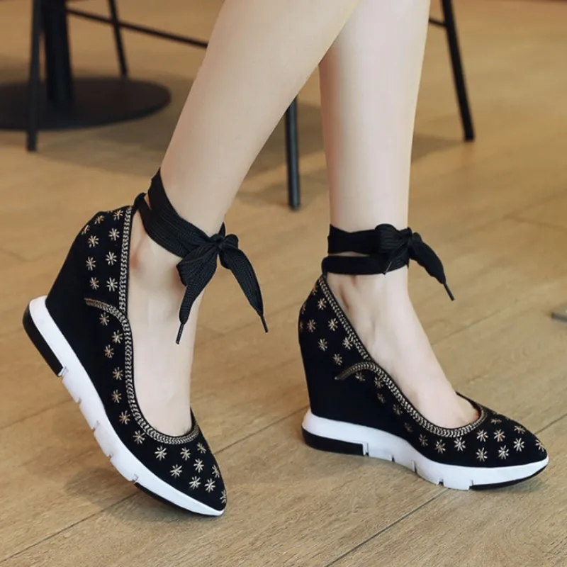 

Autumn Lace Up Wedge Shoes Women Black Pointed Toe Slip On Shoes Women Pumps Genuine Leather Shoes Women Platform High Quanlity