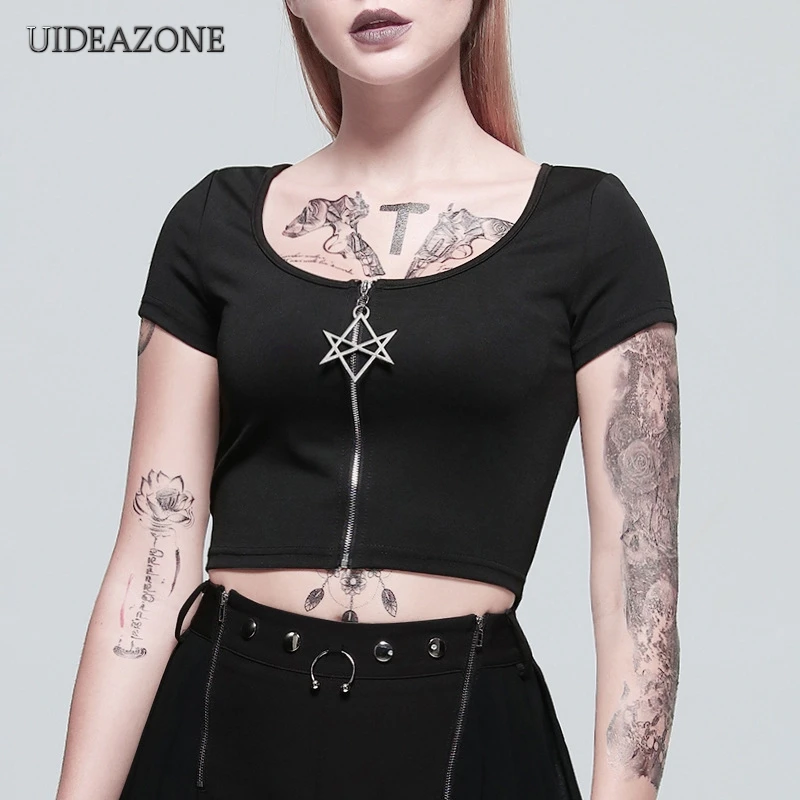 

Dark Punk Short Sleeve Gothic Tops Women Goth Black Crop Tops Star Zipper Solid Basic Lady Short Tshirts Casual Bodycon Female