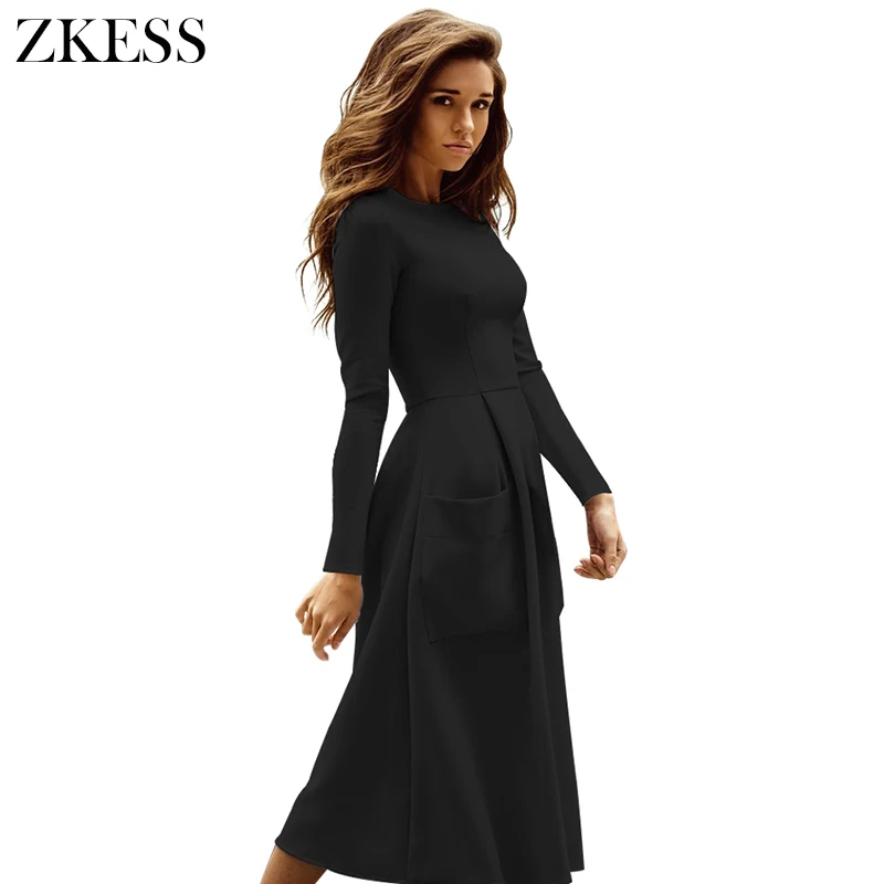 Black-Bateau-Collar-Casual-Big-Pocket-Skater-Dress-LC61799-2-2 