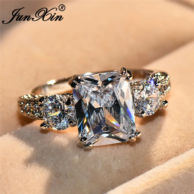 

JUNXIN Princess Square Stone White Ring Female Promise Wedding Big Rings For Women Zircon 925 Silver Austrian Crystal Ring Gifts