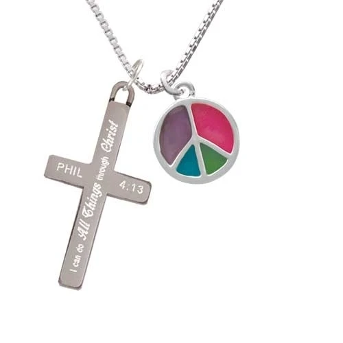 Multicolored Peace Sign - I Can Do All Things - Cross Necklace (1)