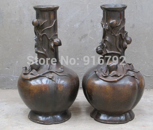 

16"China Folk Copper handwork flat peach Entangle Roots Vase Jar Pair