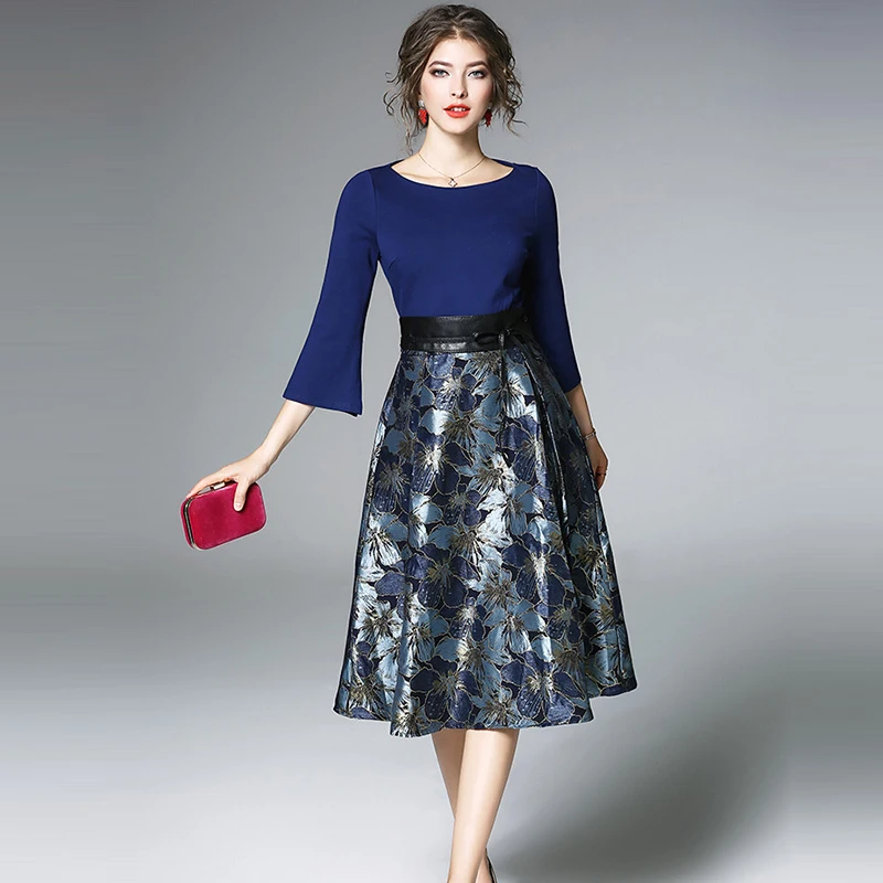 

Summer Slash Neck Sashes Dress Women 2018 Three Quarter Sleeve Casual Slim Dresses Vintage Jacquard A-line Party Dress Vestidos
