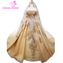 ФОТО 2018 half sleeves bride wedding gown new pregnant gold lace flowers dress with veils princess dream luxury wedding dress