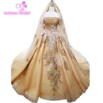 شراء2018 نصف الأكمام العروس ثوب زفاف جديد الحوامل الذهب الدانتيل الزهور اللباس مع الحجاب الأميرة حلم الفاخرة فستان الزفاف