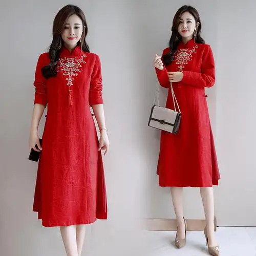 Long Sleeve Vintage Embroidery Knee-length Women Dress Red Artistic Stand Collar Tassel Dress Women Cheongsam Dresses