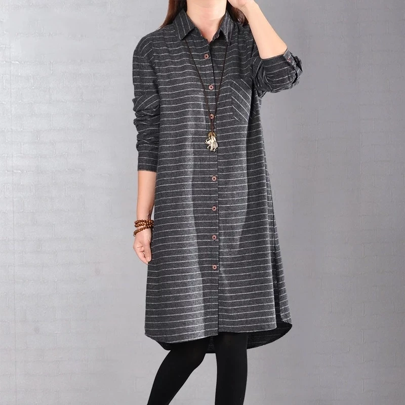 

2019 spring new 100% cotton women blouse and shirts deep blue gray lady casual long shirts plus size outwear coat tops