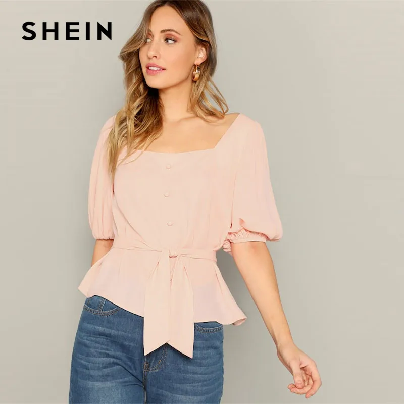 SHEIN Pastel Pink Lantern Sleeve Buttoned Front Self Belted Blouse ...