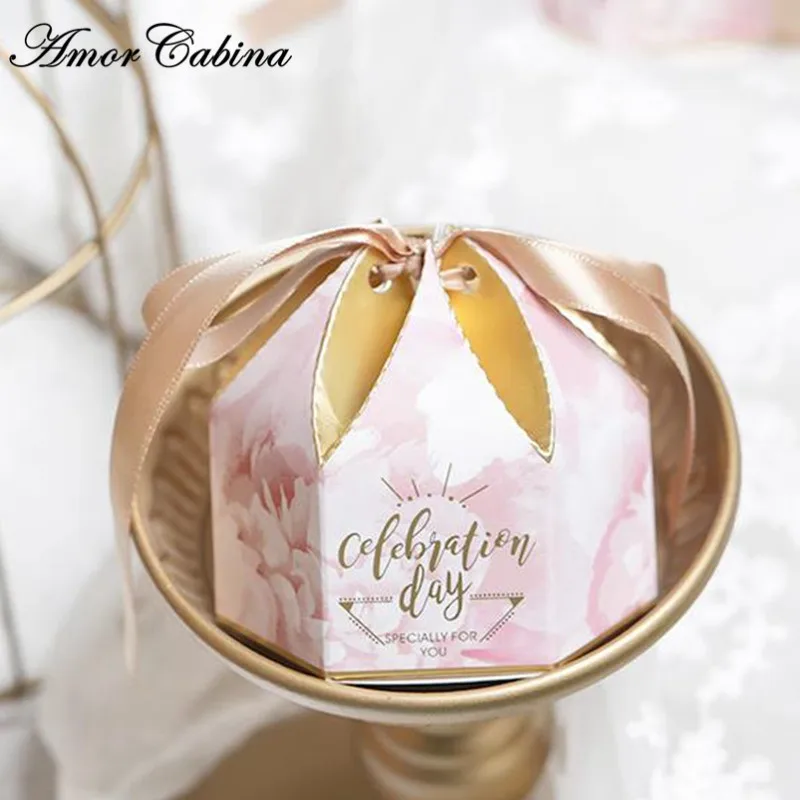 50 шт. маленький свежий и элегантный розовый шестигранник романтическая Милая Свадебная коробка конфет Золотая лента подарочный сувенир для вечеринок коробка - Цвет: A