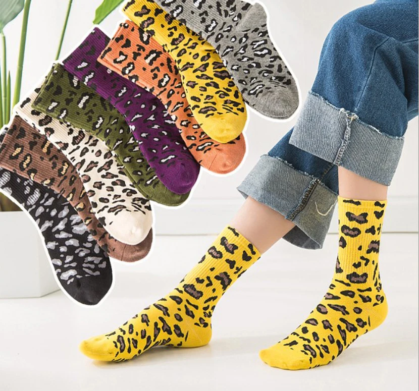 5 пар модных женских хлопковых осенне-зимних носков забавные леопардовые полосатые спортивные повседневные длинные уникальные носки