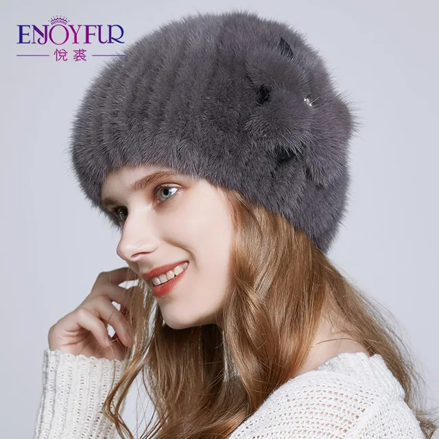 ENJOYFUR реального норки Для женщин зимние Шапки женский горный хрусталь Искусственная кожа норки Цветок украшения шапочки Теплый Вязаный мех осень