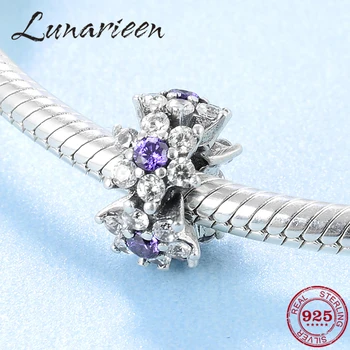 

925 Sterling Silver Delicate purple zircon flower DIY spacer beads Fit Original Pandora Charm Bracelet Jewelry making