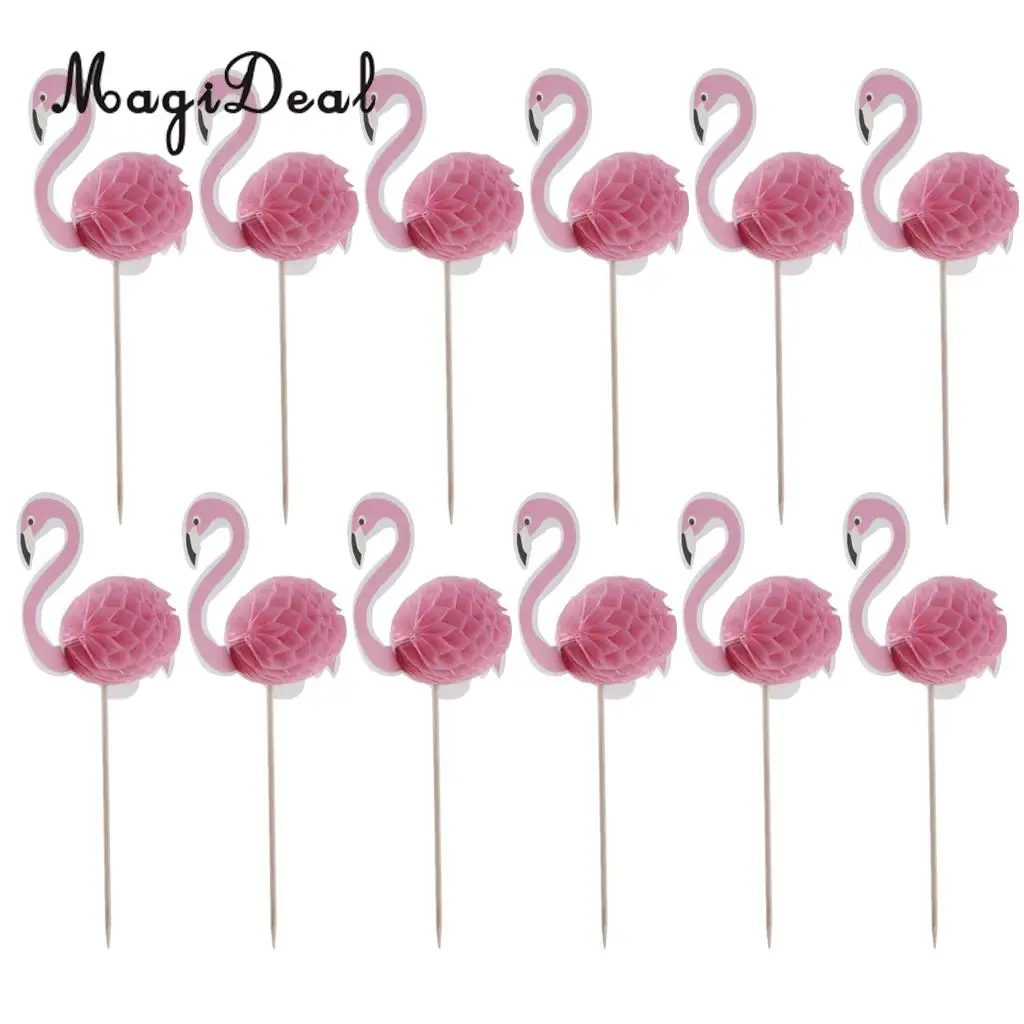12 Pack 3D Flamingo Cupcakes Party Supplies Toppers Food Picks Cocktail Tropical Cupcake Decoration