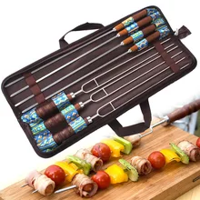 WOFO BBQ Tools Fork and Needle Stainless Steel Meat Grill Fork Wooden Handle Outdoor Barbecue With Storage Bag (Pack of 7)