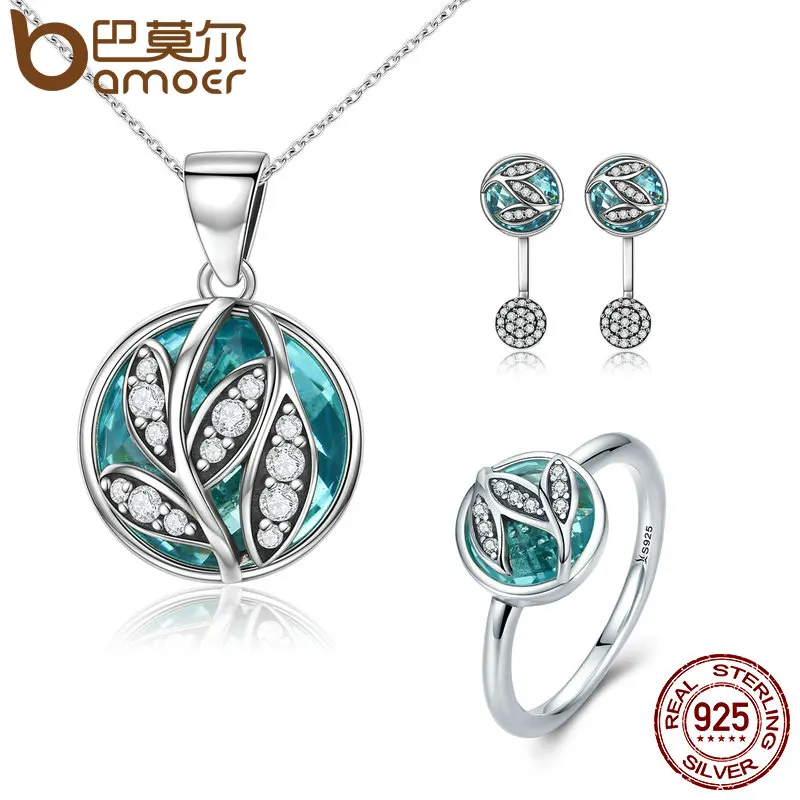

BAMOER Authentic 925 Sterling Silver Jewelry Set Green Crystal CZ Tree of Life Bridal Jewelry Set Sterling Silver Christmas Gift