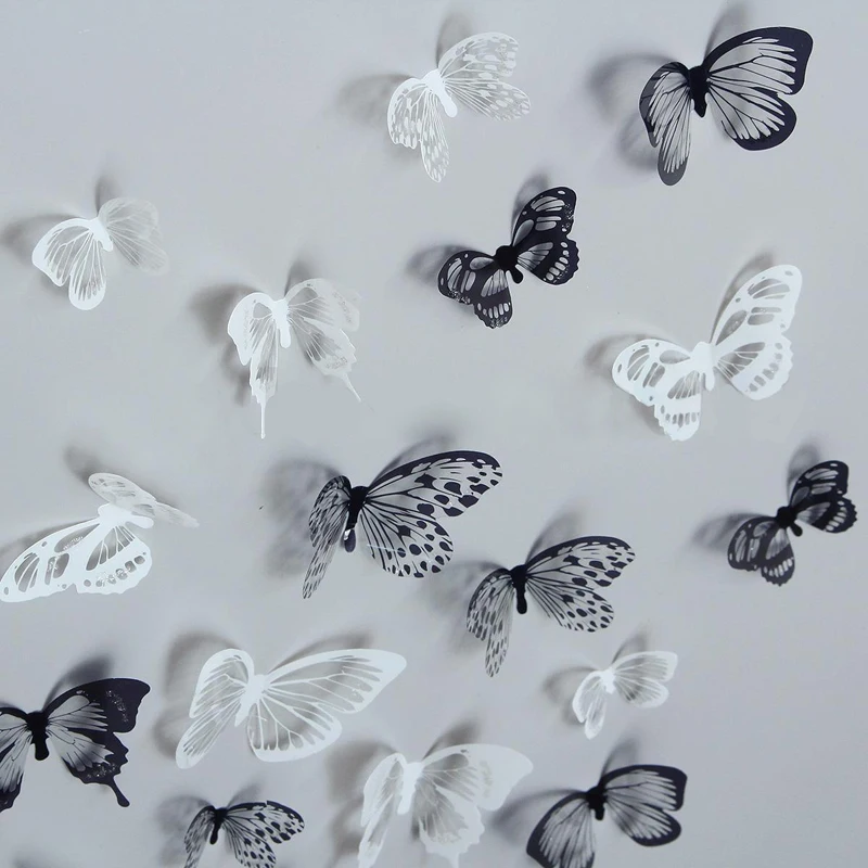 DIY 18Pcs 3D PVC White&Black Butterfly Sticker Art Wall Decal Home Room Decor