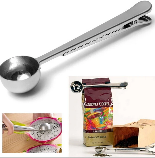 

Silver Stainless Steel Ground Coffee Tea Measuring Scoop Spoon With Bag Seal Clip 100 PCS free shipping
