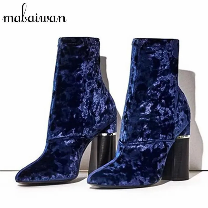 

Mabaiwan Blue Velvet Women Ankle Boots Chunky High Heels Back Zipper High Boots Women Pumps Botines Mujer Winter Sock Botas
