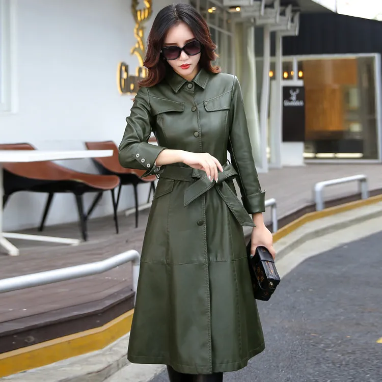 Длинная кожаная женская куртка, модное пальто для женщин, M-5XL размера плюс, с отложным воротником, на одной пуговице, верхняя одежда, черный, красный, армейский зеленый - Цвет: army green