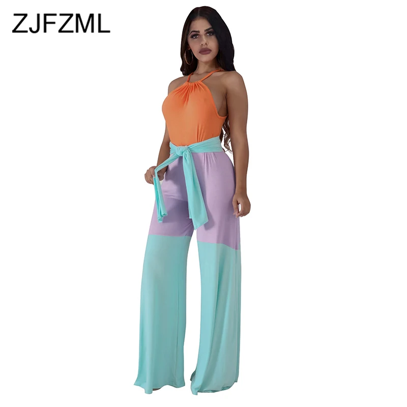

Off Shoulder Sexy Rompers Womens Jumpsuit Halter Neck Sleeveless Bohemian Long Overall Summer Sashes Straight Plus Size Bodysuit