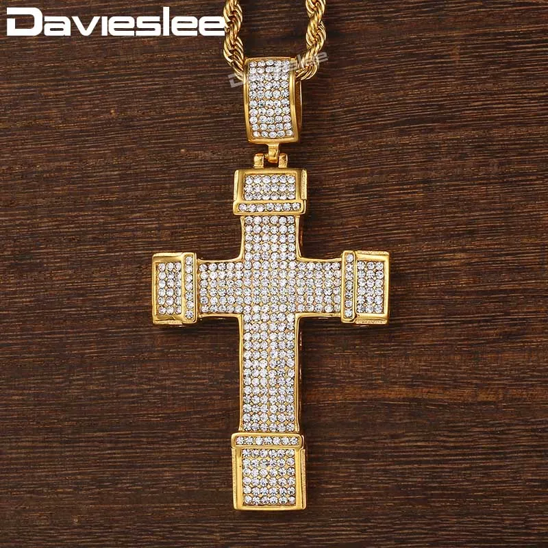 Davieslee Paved CZ Cross Pendant Necklace For Men Stainless Steel Rope Chain Gold/Silver Color