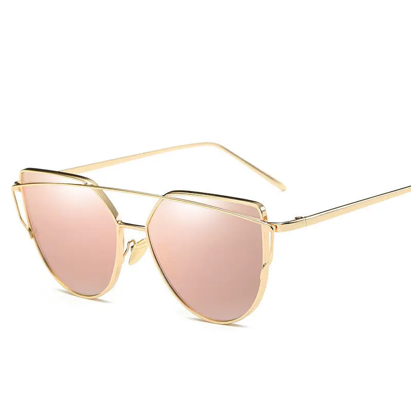 New Cat Eye Sunglasses Women Brand Designer Fashion Twin-Beams Rose Gold Mirror Cateye Sun Glasses For Female