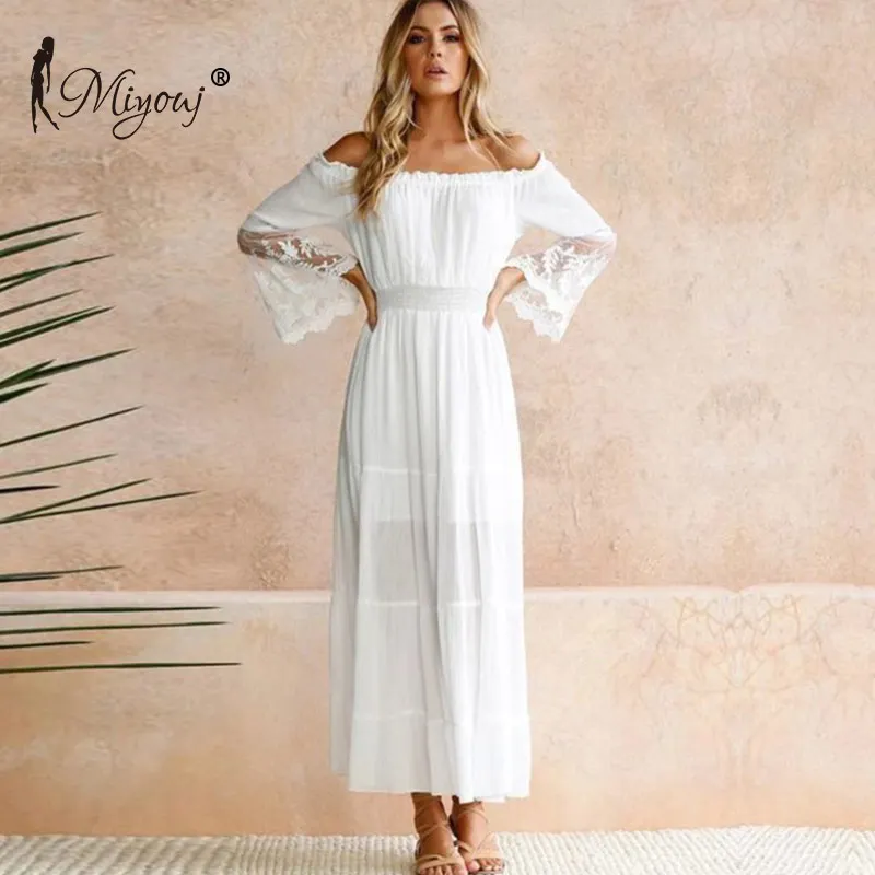

Miyouj Long Sleeve Lace Dresses Off Shoulder Beach Dress White Strapless Ladies Bikini Cover Up Bathing Suit Women Beachwear